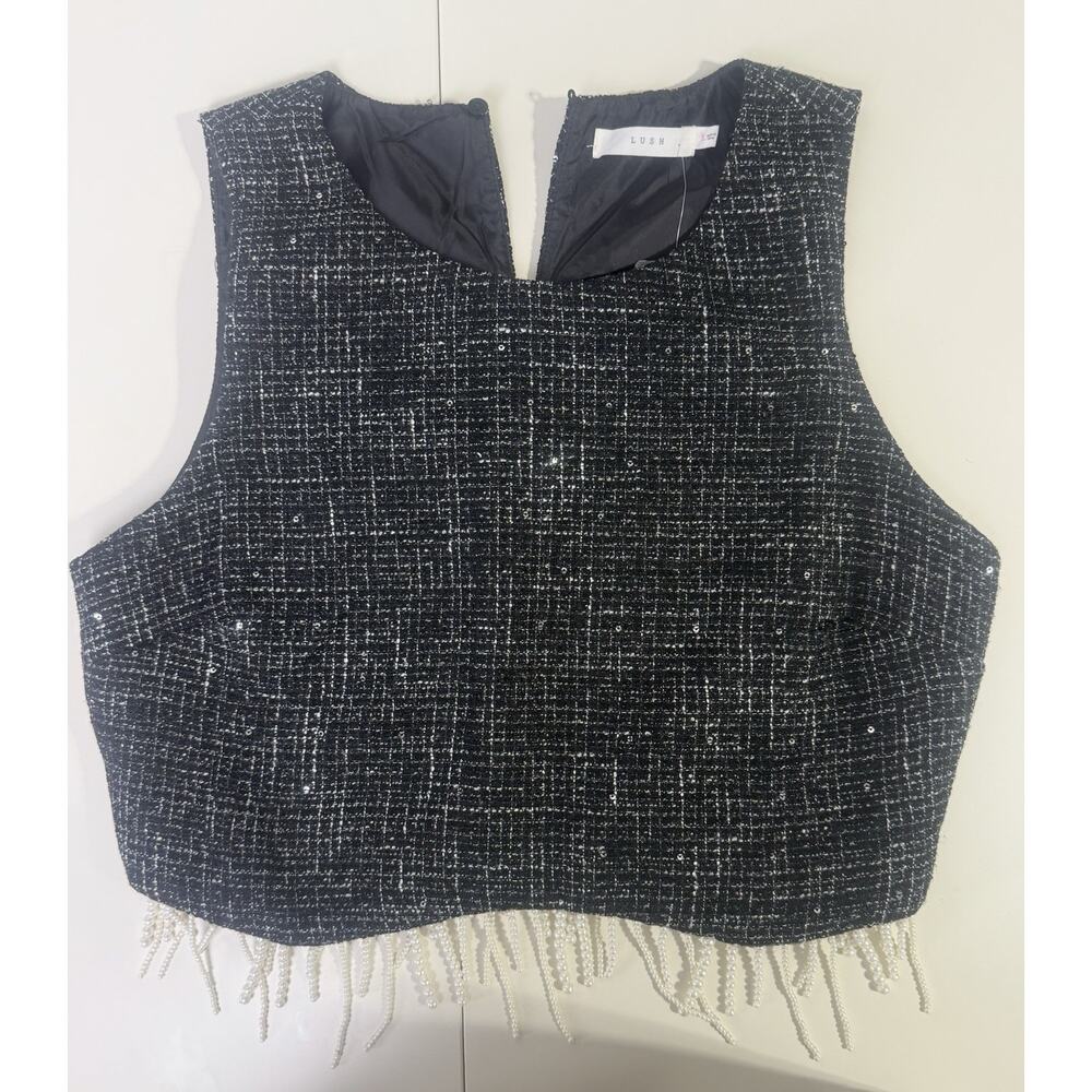Lush Large Tweed Cropped Tank Pearl Detail Festival Party Nightlife Clubwear‎